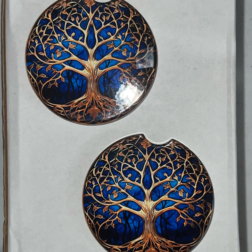 Set of 2 ceramic car coasters tree of life